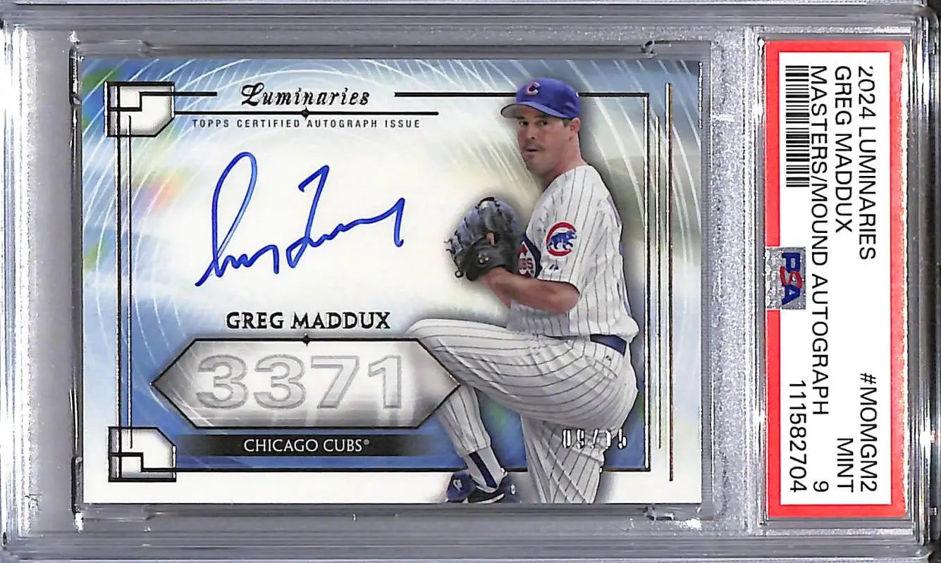 Autographed Greg Maddux baseball trading card from Topps Luminaries Chicago Cubs 2024