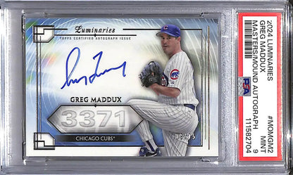 Autographed Greg Maddux baseball trading card from Topps Luminaries Chicago Cubs 2024