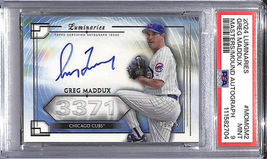 Autographed Greg Maddux baseball trading card from Topps Luminaries Chicago Cubs 2024
