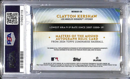 Graded Clayton Kershaw baseball card from 2024 Topps Luminaries Masters, GEM MINT PSA 10
