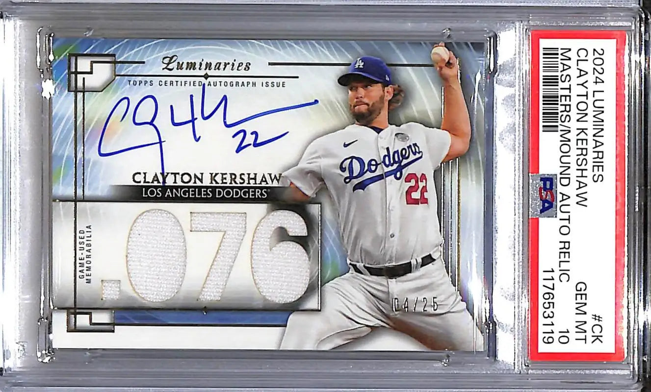 Autographed Clayton Kershaw baseball card with game-used memorabilia in Topps Luminaries Masters