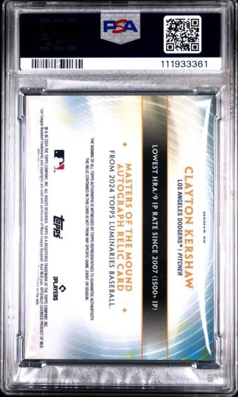 Graded Clayton Kershaw baseball card Los Angeles Dodgers 2024 Topps Luminaries PSA 9