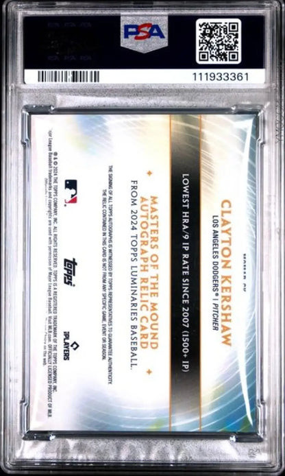 Graded Clayton Kershaw baseball card Los Angeles Dodgers 2024 Topps Luminaries PSA 9