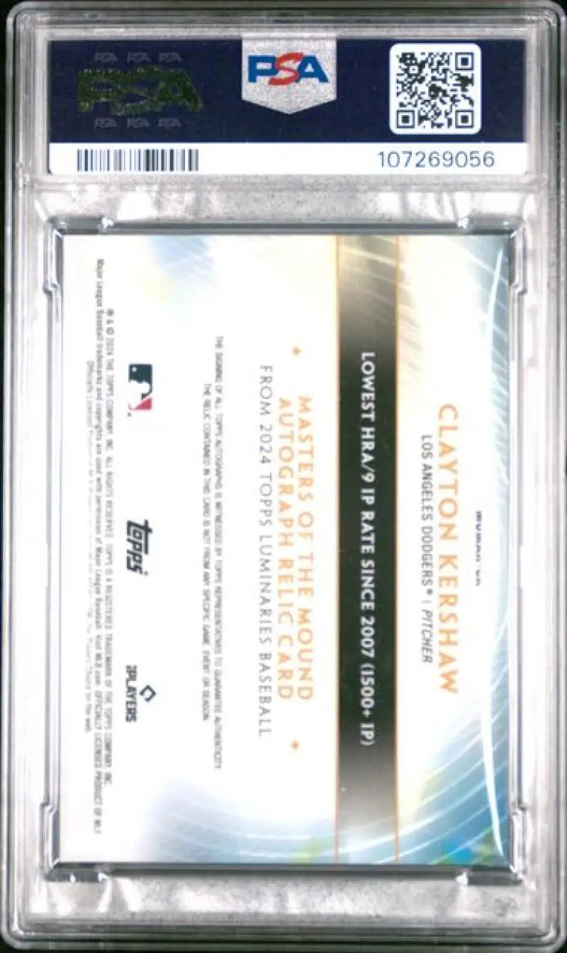 Graded Clayton Kershaw baseball card from 2024 Topps Luminaries series with PSA 9 grading