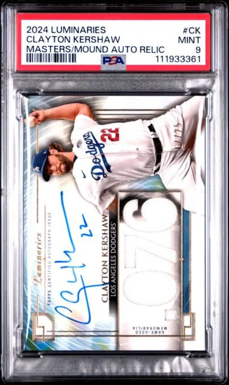 Graded Clayton Kershaw baseball card featuring Los Angeles Dodgers in PSA 9 Mint condition