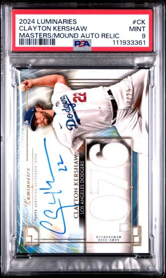 Graded Clayton Kershaw baseball card featuring Los Angeles Dodgers in PSA 9 Mint condition