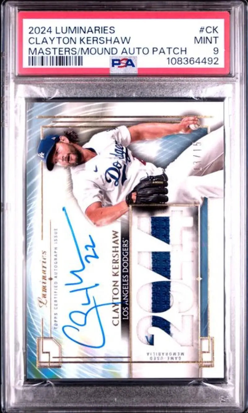 Clayton Kershaw autographed Topps Luminaries baseball card PSA 9 Mint 13/15 Dodgers