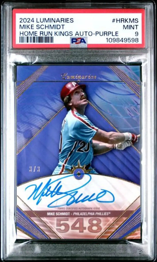 Mike Schmidt autographed baseball card from 2024 Topps Luminaries Purple HRKMS Mike Schmidt series
