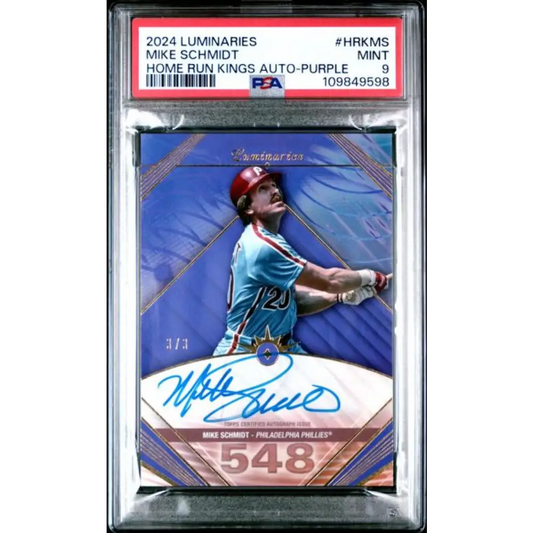 2024 Topps Luminaries Purple #HRKMS Mike Schmidt PSA 9 MINT Auto 3/3 Philadelphia Phillies Baseball Card