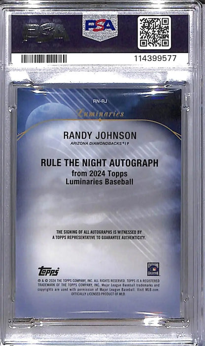 Randy Johnson baseball card from 2024 Topps Luminaries Rule the Night series featuring PSA 9 MINT auto