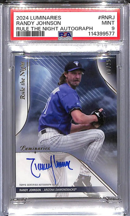 Randy Johnson autographed baseball card from 2024 Topps Luminaries Rule the Night collection