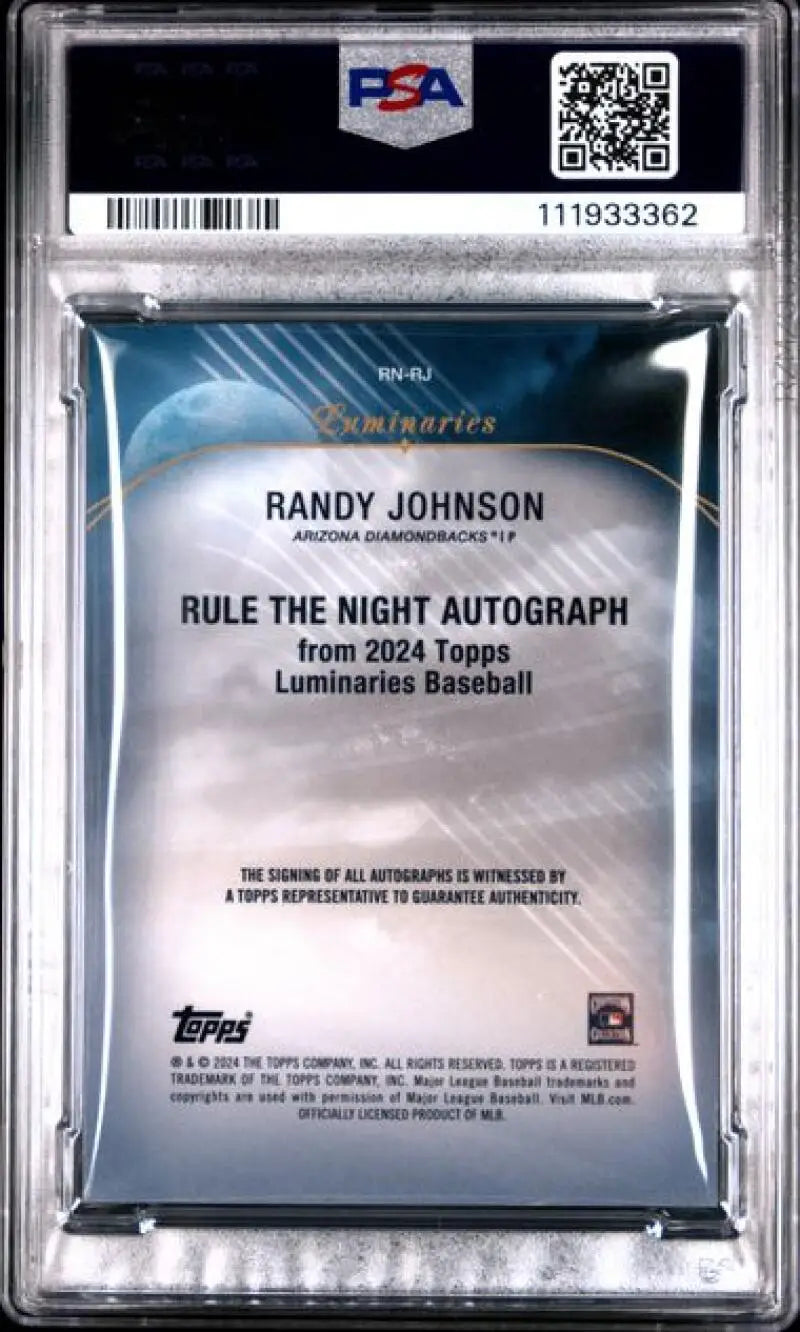 Randy Johnson PSA 9 MINT auto baseball card from 2024 Topps Luminaries Rule The Night RNRJ