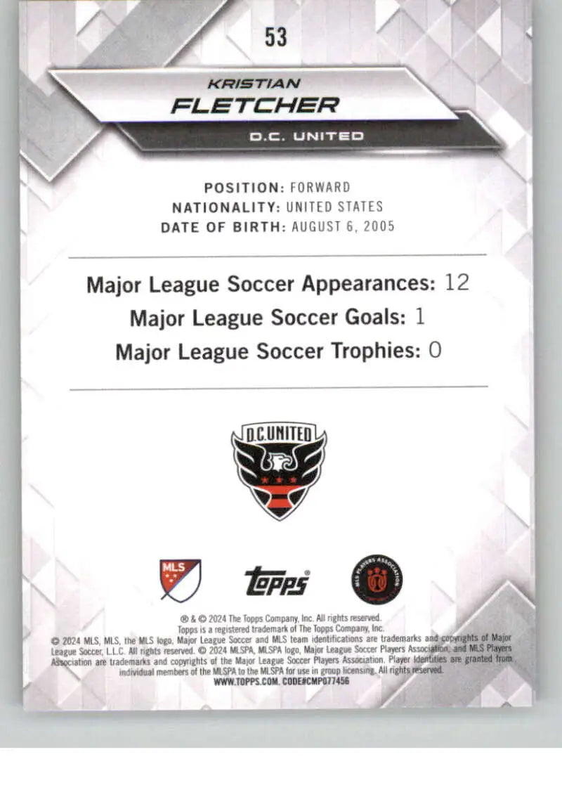 2024 Topps MLS Superstars Common Yellow #53 Kristian Fletcher NM-MT D.C. United Soccer Card