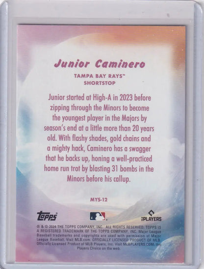 Collectible Tampa Bay Rays Topps Mystical baseball card featuring Junior Caminero stats