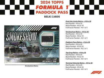 Trading card of a Formula 1 race car with Smokeshow text and relic patch in 2024 Topps Paddock Pass F1