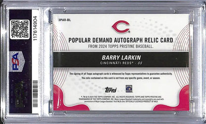 Barry Larkin autograph relic card from 2024 Topps Pristine Popular Demand showcasing Barry Larkin PSA 9 Mint MEM Auto