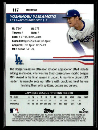 Back of a baseball trading card featuring Yoshinobu Yamamoto from Topps Pristine Pristine Refractors