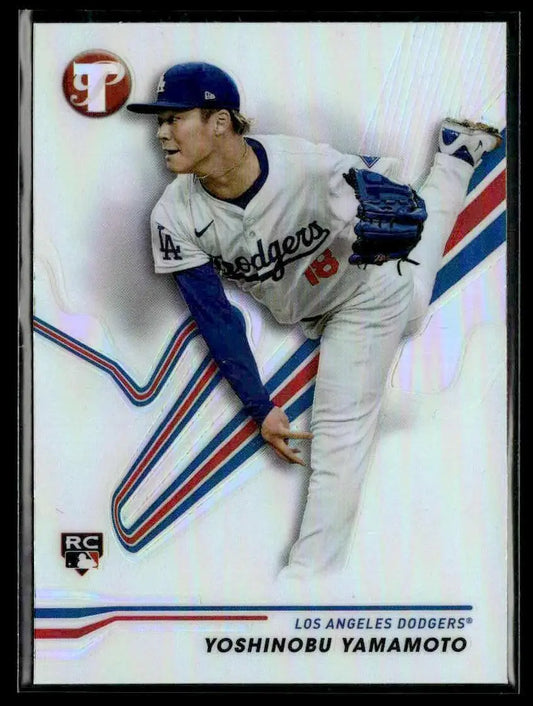 Baseball trading card featuring Yoshinobu Yamamoto of the Los Angeles Dodgers from Topps Pristine Pristine Refractors