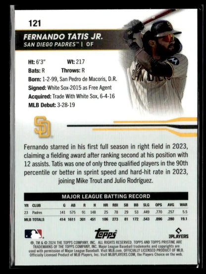 Fernando Tatis Jr. Topps Pristine Blue Refractors baseball card with player stats