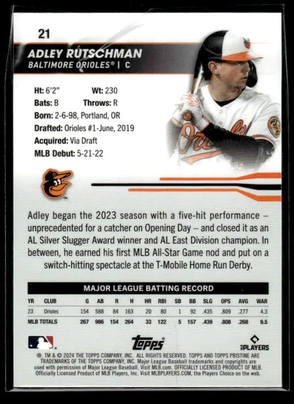 Baseball trading card of Adley Rutschman from 2024 Topps Pristine Green Refractors series