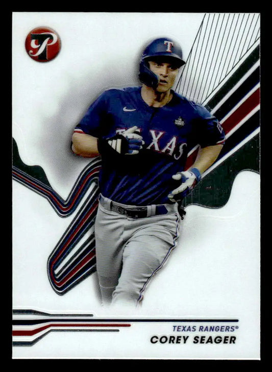 Baseball trading card of Corey Seager in Texas Rangers uniform from 2024 Topps Pristine
