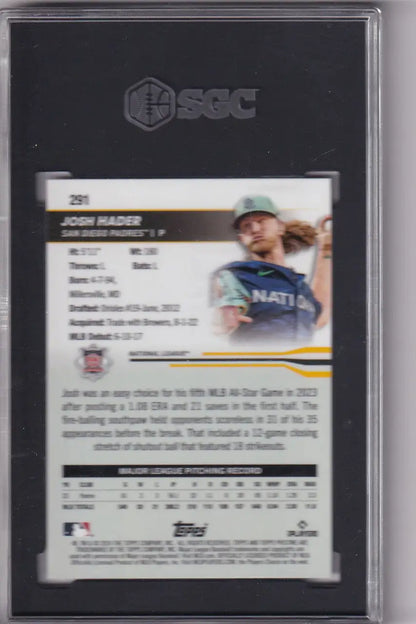 2024 Topps Pristine #291 Josh Hader SGC 10 baseball card for San Diego Padres fans
