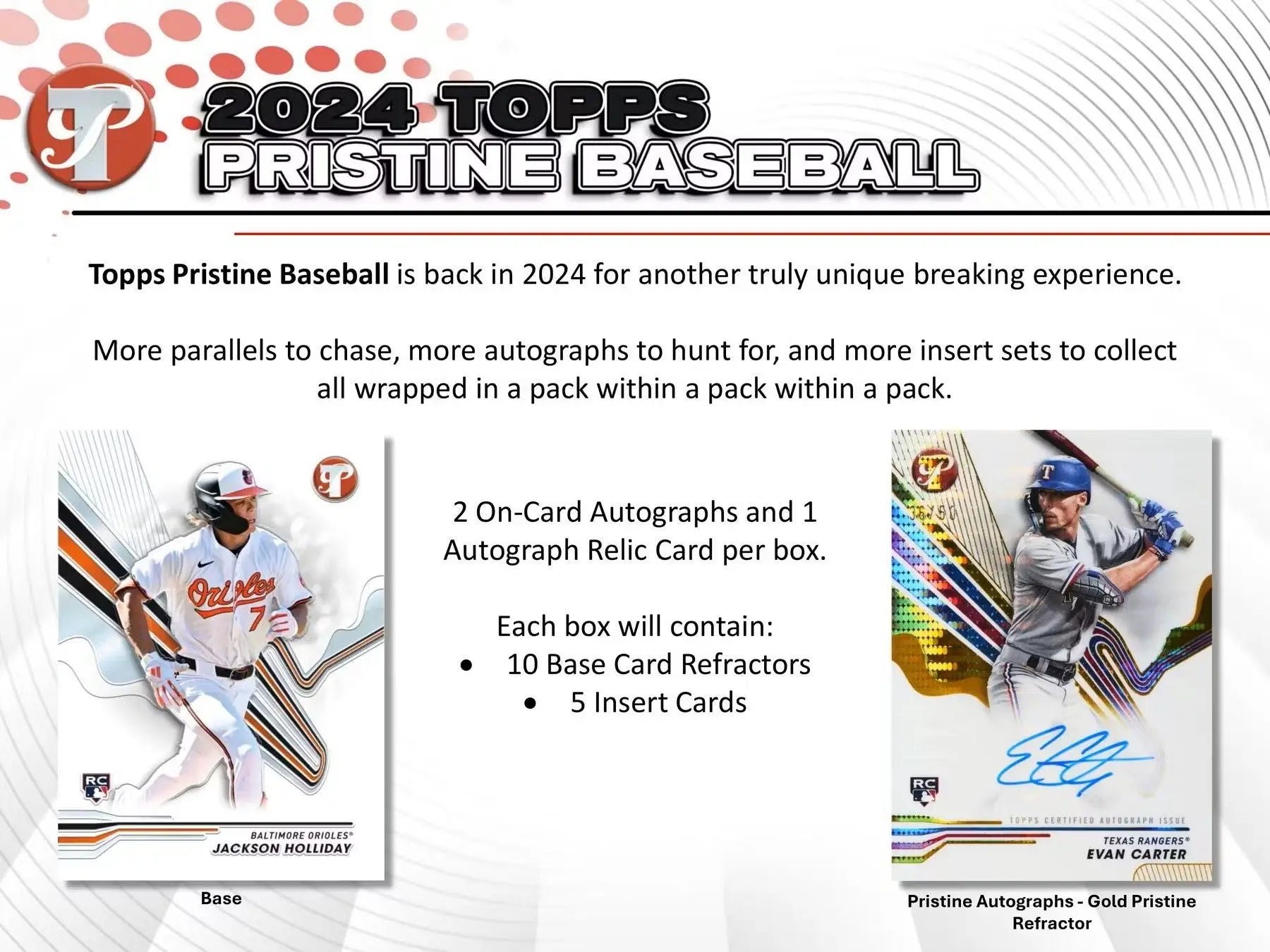 2024 Topps Pristine Baseball Cards Hobby Box with autograph relic and gold refractor selection