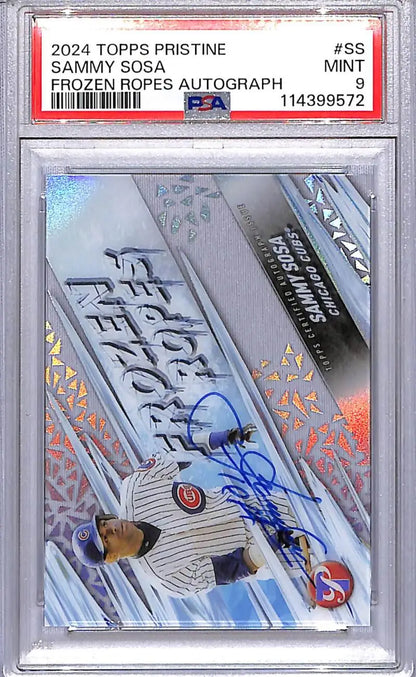Graded Sammy Sosa baseball card from Topps Pristine Frozen Ropes series