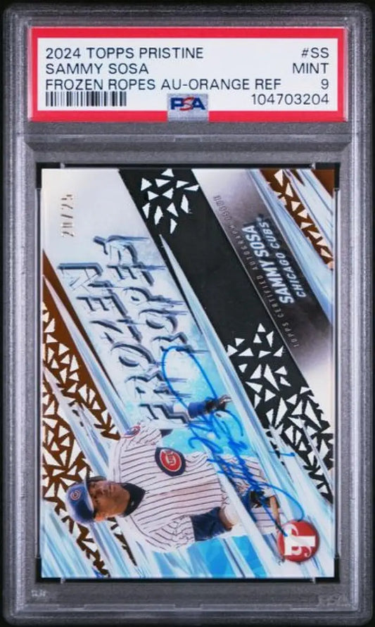Graded Sammy Sosa Baseball Card from 2024 Topps Pristine Frozen Ropes Orange edition