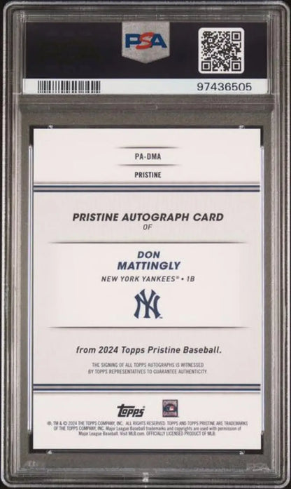 PSA-graded back of Don Mattingly Topps Pristine Gold Yankees autograph card 34/50