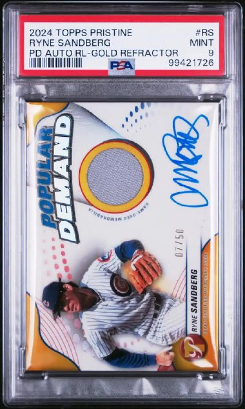 2024 Topps Pristine Gold #RS Ryne Sandberg PSA 9 MINT MEM Auto 7/50 Chicago Cubs Baseball Card