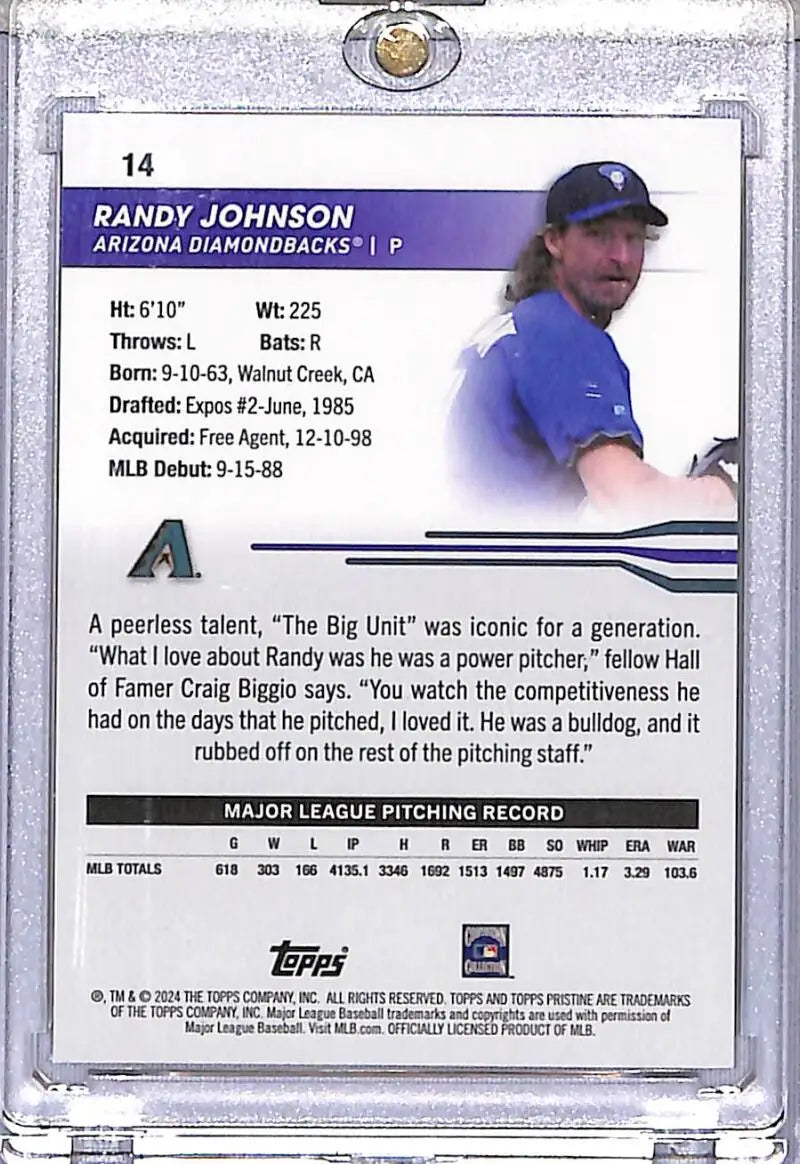Randy Johnson baseball card from 2024 Topps Pristine Green series featuring Arizona Diamondbacks