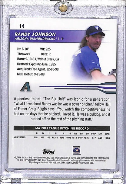 Randy Johnson baseball card from 2024 Topps Pristine Green series featuring Arizona Diamondbacks