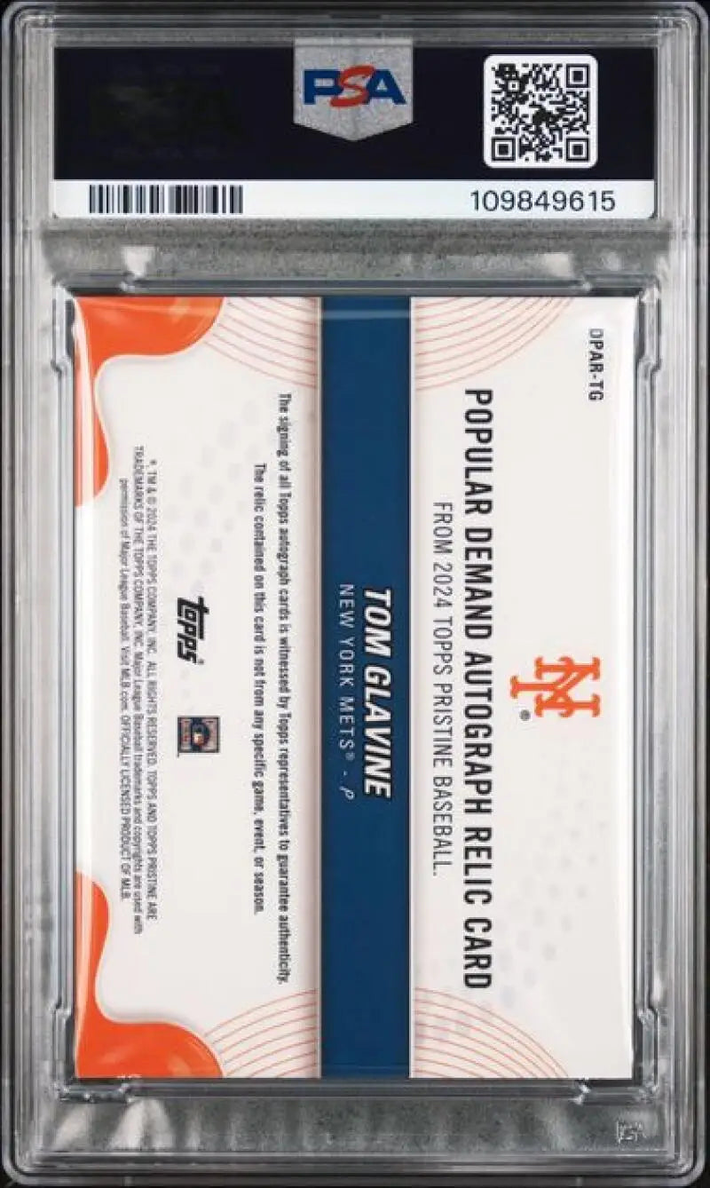 Graded Tom Glavine autograph relic card from 2024 Topps Pristine Orange series featuring New York Mets