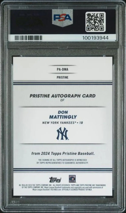 PSA-graded back of Don Mattingly Yankees autographed Gem Mint baseball card 2024 Topps Pristine