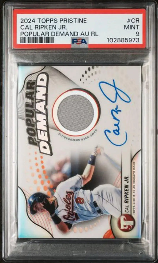 Autographed Cal Ripken Jr baseball card from 2024 Topps Pristine Pop Demand series