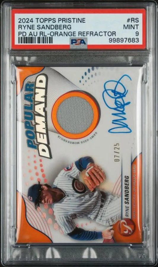 2024 Topps Pristine Popular Demand Orange #RS Ryne Sandberg PSA 9 MINT MEM Auto 7/25 Chicago Cubs Baseball Card