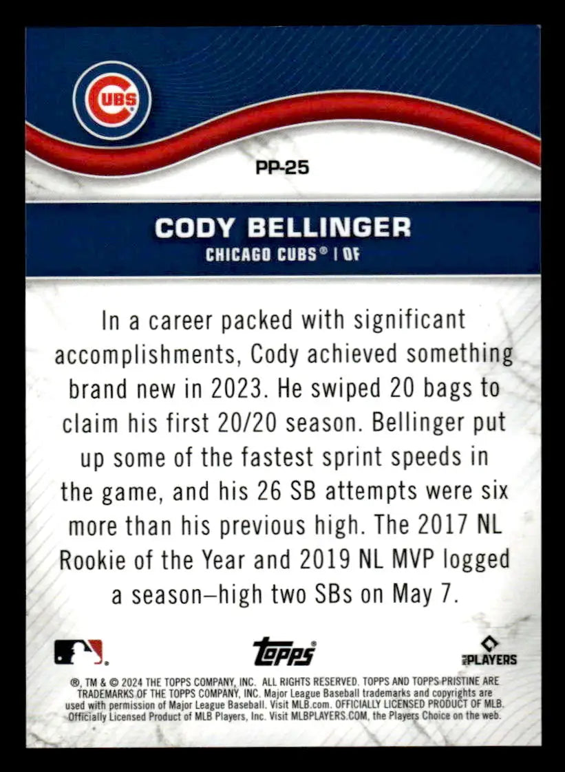 Baseball trading card of Cody Bellinger from 2024 Topps Pristine Chicago Cubs