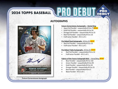 2024 Topps Pro Debut Baseball Hobby Box with foilfractor parallel orange and green options