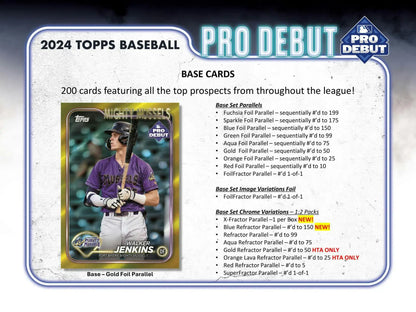 Product information card for 2024 Topps Baseball Pro Debut, featuring foil parallel details