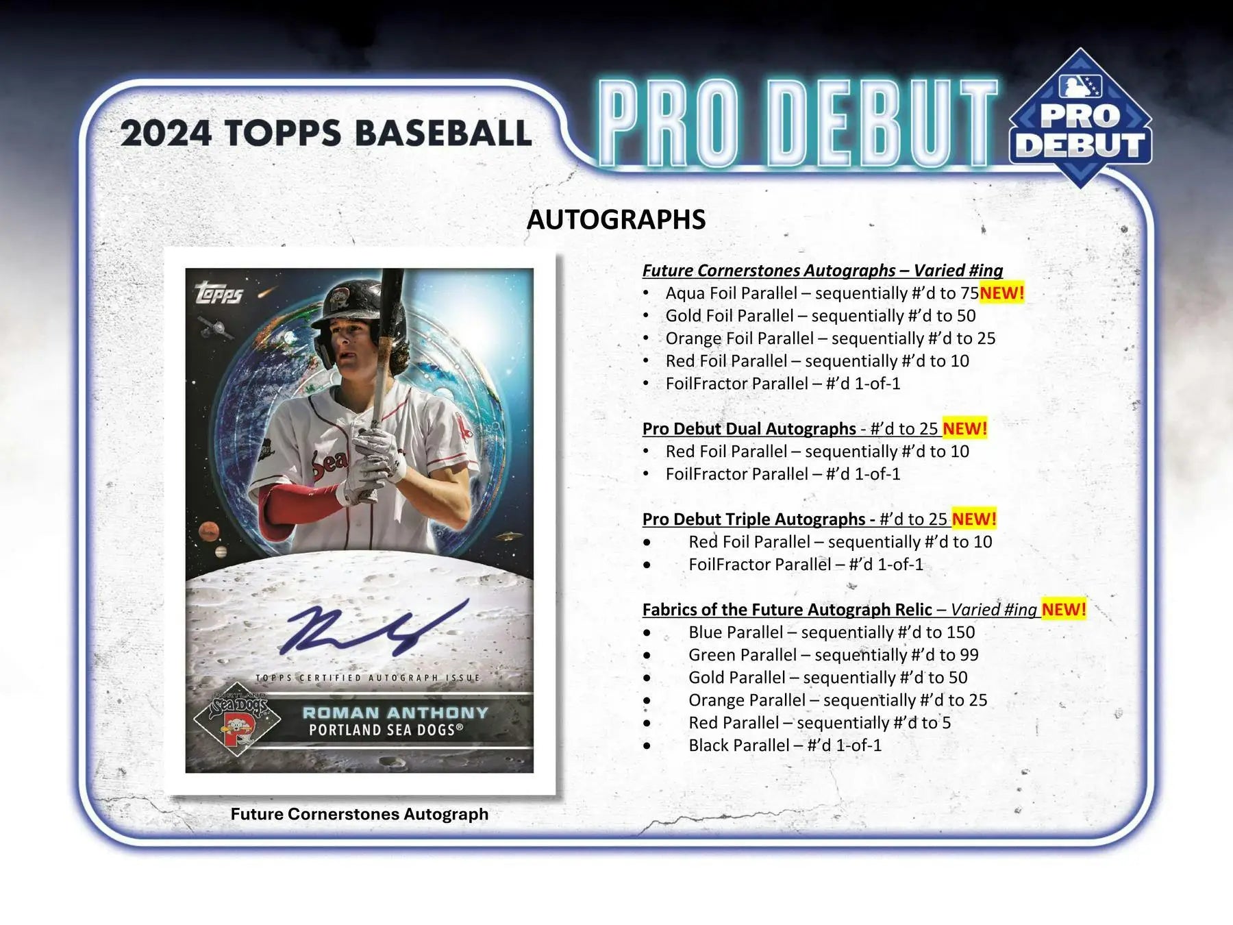 2024 Topps Pro Debut Baseball product details featuring foil parallel and autograph card specs