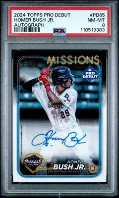A graded 2024 Topps Pro Debut Homer Bush Jr. autographed baseball card featuring debut homer Bush