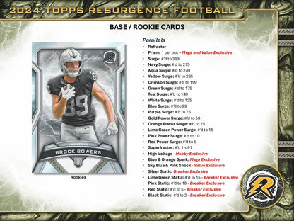 2024 Topps Resurgence Football card featuring gold power surge design in Hobby Box