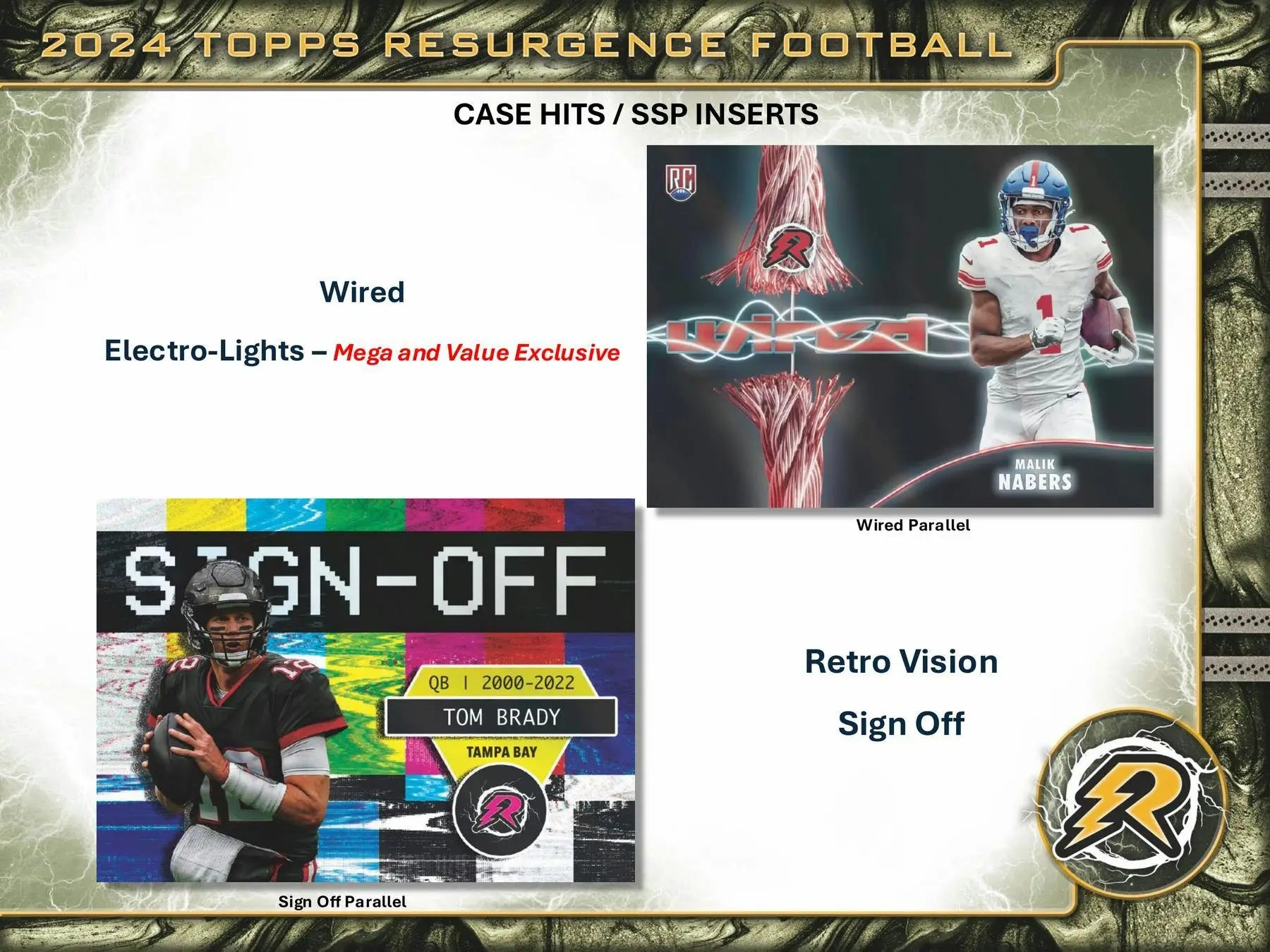 Football card advertisement featuring 2024 Topps Resurgence Football Hobby Box with gold power surge
