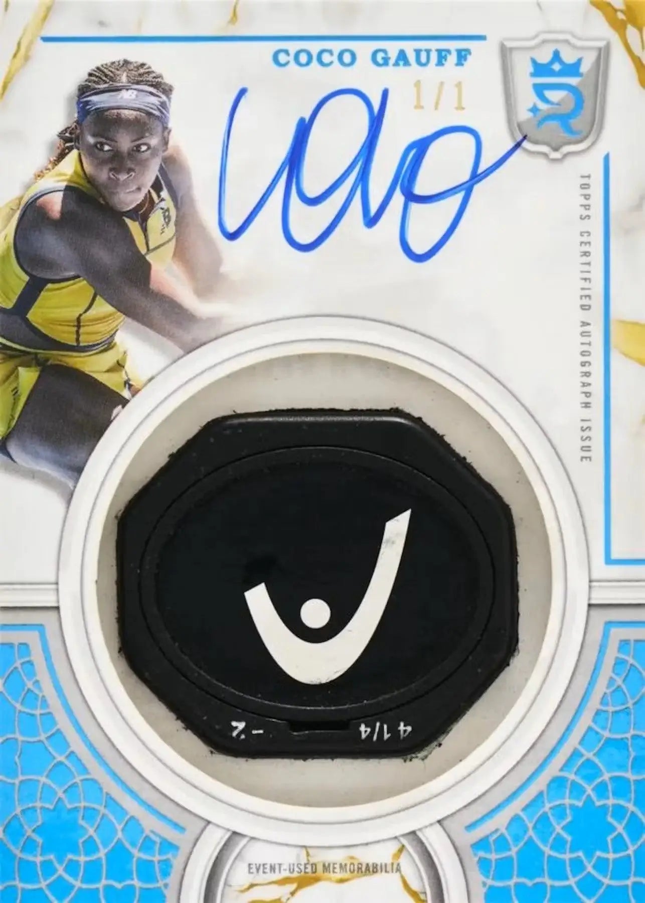 Coco Gauff autographed tennis card with racket grip relic from 2024 Topps Royalty Collection Tennis