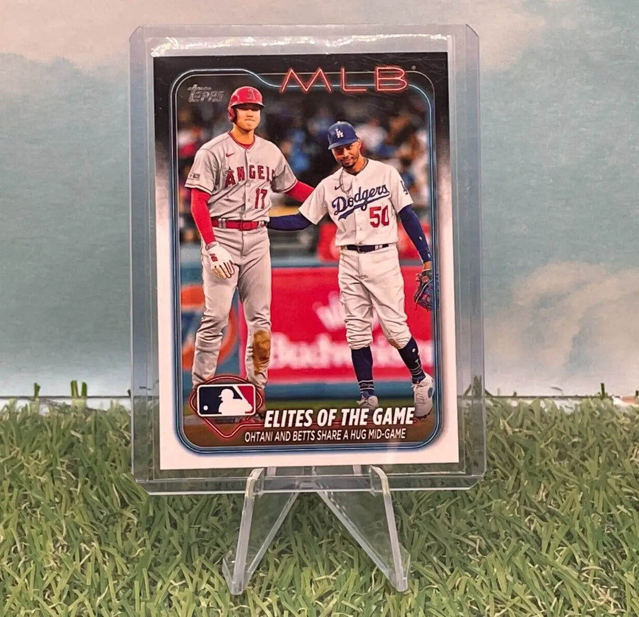 Framed baseball card featuring Shohei Ohtani and Mookie Betts from 2024 Topps Series 1