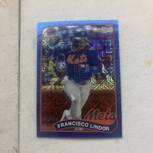 Francisco Lindor baseball card from 2024 Topps Series 1 featuring chrome mojo blue refractor