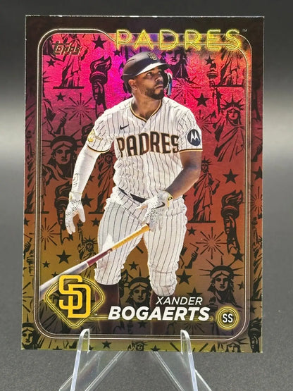 Xander Bogaerts baseball card from 2024 Topps Series 2 Yellow Statue of Liberty edition