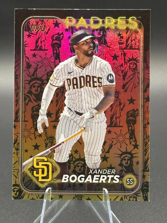 Xander Bogaerts baseball card from 2024 Topps Series 2 Yellow Statue of Liberty edition