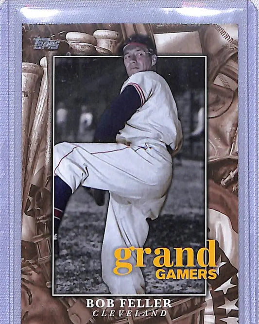 Baseball card of Bob Feller in a Cleveland uniform from Topps Series Grand Gamers